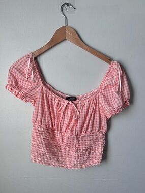 Bershka Women's Size Medium Pink Gingham Smocked Crop Top Summer Peasant Vibe